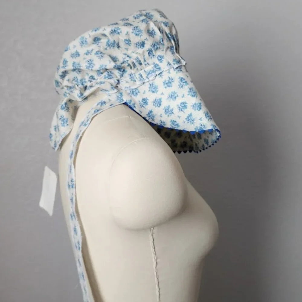 VINTAGE Prairie Cottagecore Blue‎ Floral Sun Bonnet Hat with Ruffle Ties NEW